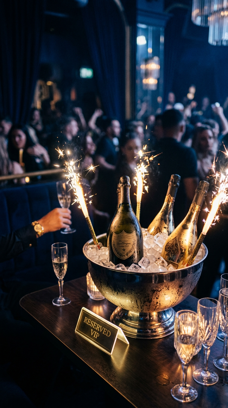 Champagne with sparklers at a VIP nightclub table